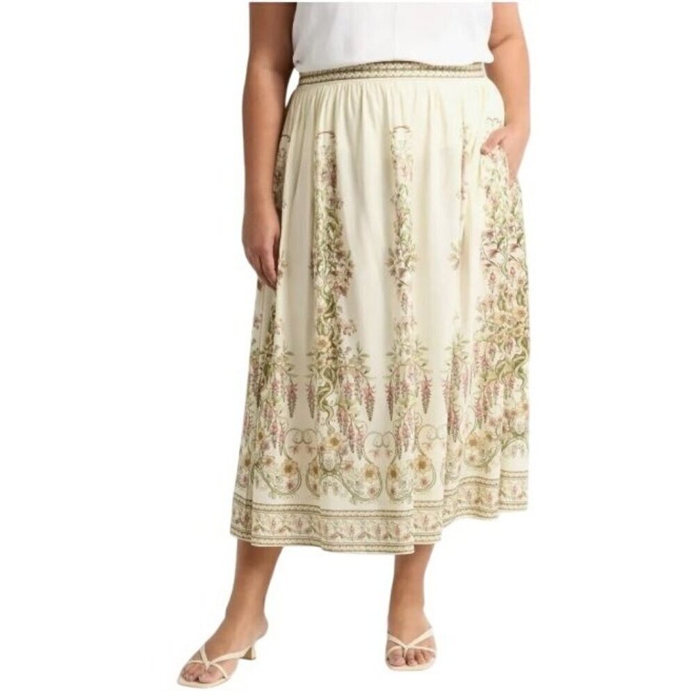 Max Studio Womens Garden Print Pockets Linen Blend Maxi Skirt Plus Sz 3X New
